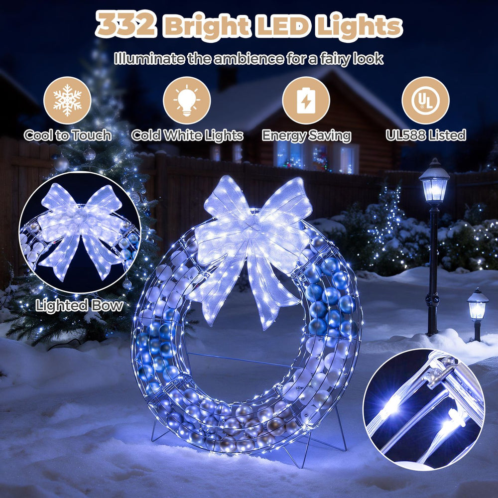 Lighted Christmas wreath decoration features 332 bright LED lights and a lighted bow, perfect for festive holiday cheer.