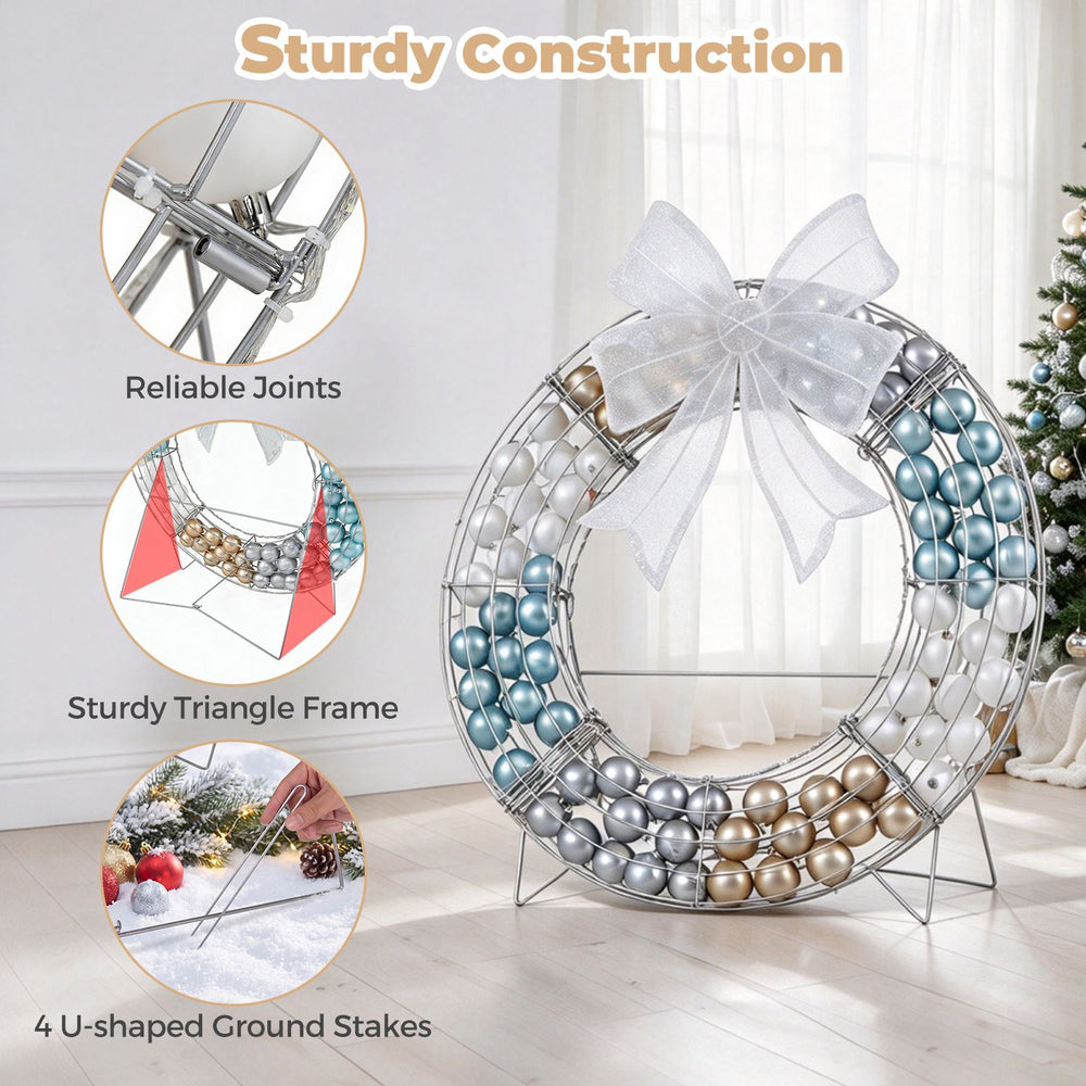 Lighted Christmas wreath decoration features 332 LED lights, 88 festive balls, and a sturdy triangle frame for outdoor use.