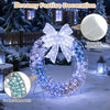 Lighted Christmas wreath decoration features 332 LED lights, 88 Christmas balls, and a dreamy iridescent bow for festive cheer.