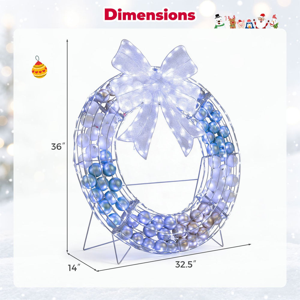 Lighted Christmas wreath decoration features 332 LED lights and 88 festive balls, perfect for holiday cheer anywhere.