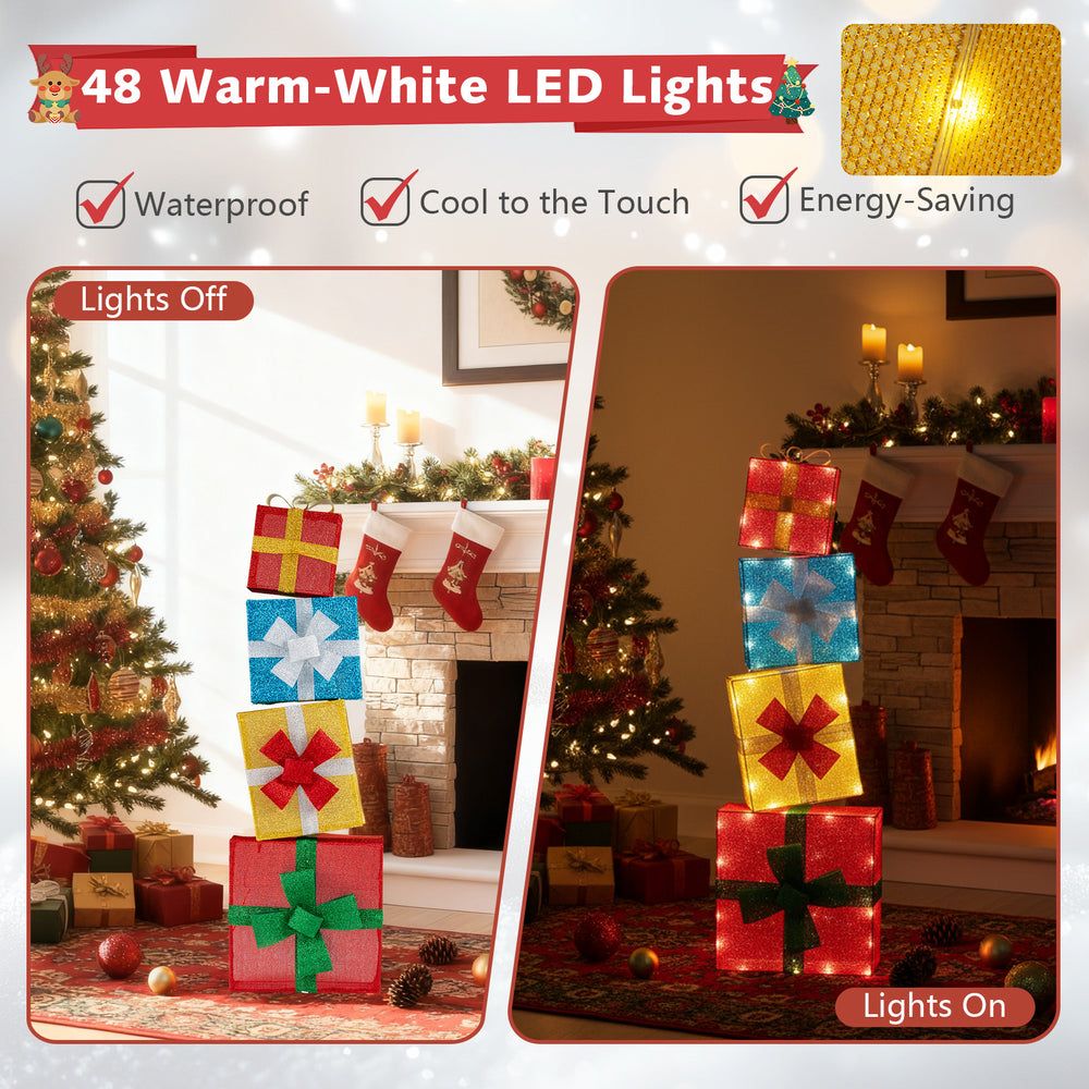 Stacked lighted gift boxes with warm LED lights, glittering fabric, and sturdy metal frame for festive indoor and.