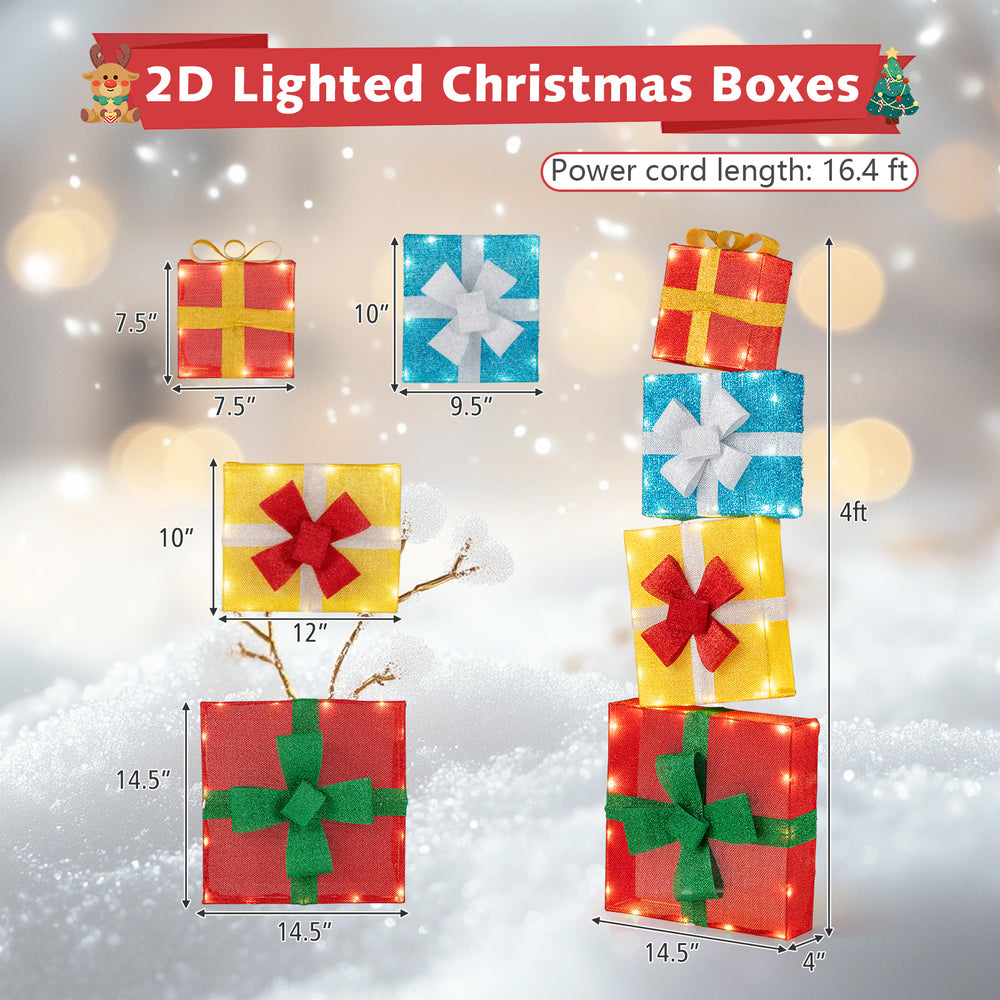 Stacked lighted Christmas gift boxes in red, yellow, and blue with decorative bows, ideal for indoor and outdoor.