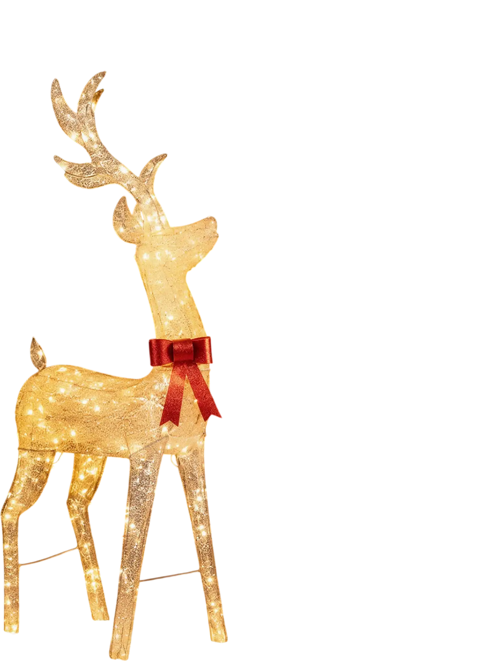 Golden Christmas reindeer with motorized head-shaking feature, adorned with a festive bow, ideal for outdoor holiday cheer.