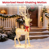 Lighted golden Christmas reindeer with motorized head-shaking motion and 130 warm yellow LED lights for festive outdoor displays.