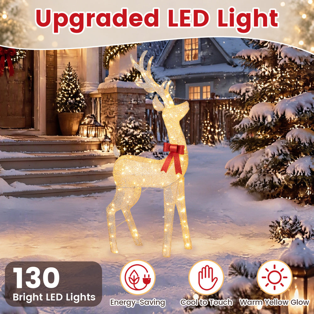Lighted golden Christmas reindeer with 130 warm yellow LED lights, perfect for festive outdoor decoration.