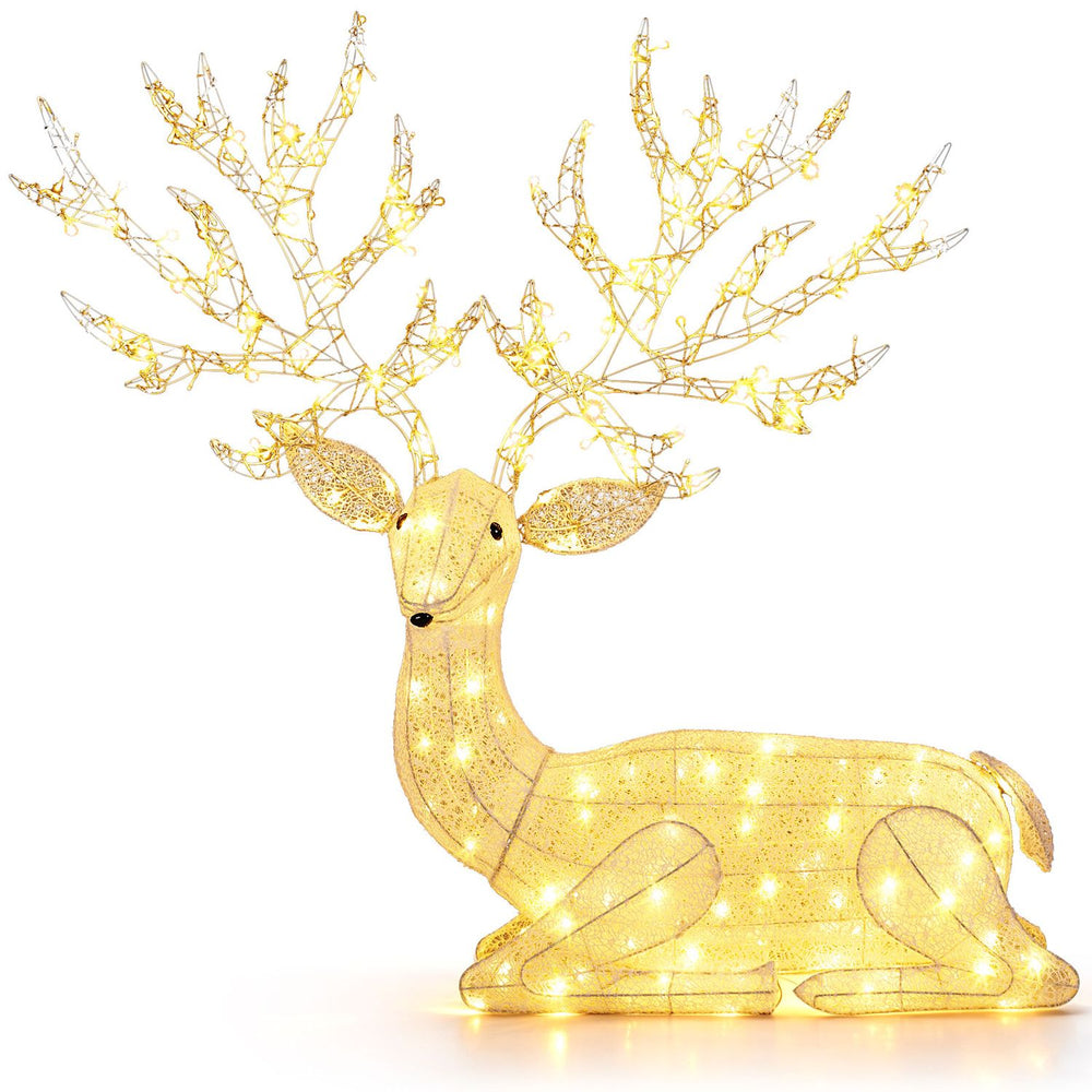 Kneeling Christmas reindeer with 280 warm white LED lights, featuring elegant antlers and a robust metal frame for outdoor use.