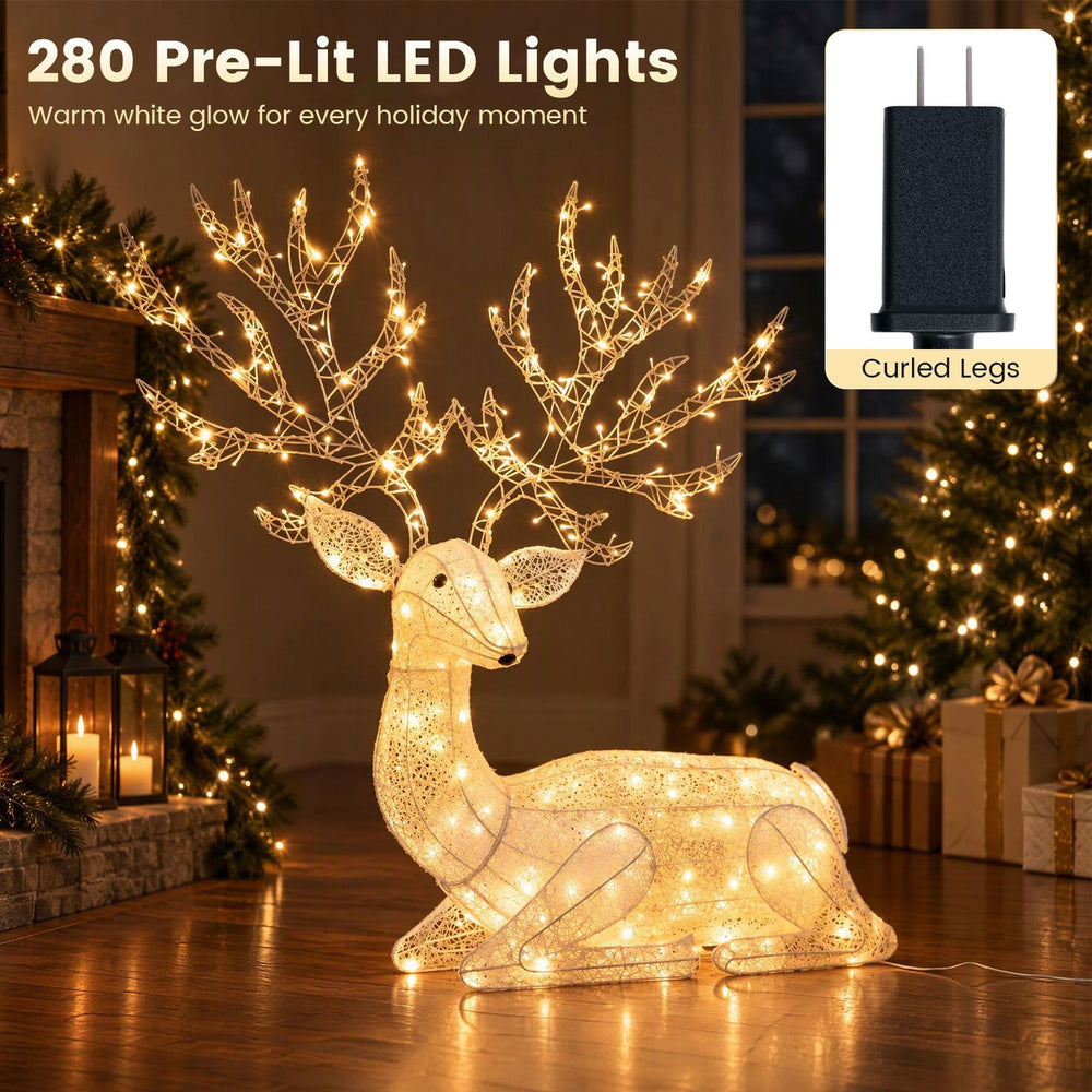 Lighted kneeling Christmas reindeer with 280 warm white LED lights, elegant design for festive indoor and outdoor decor.