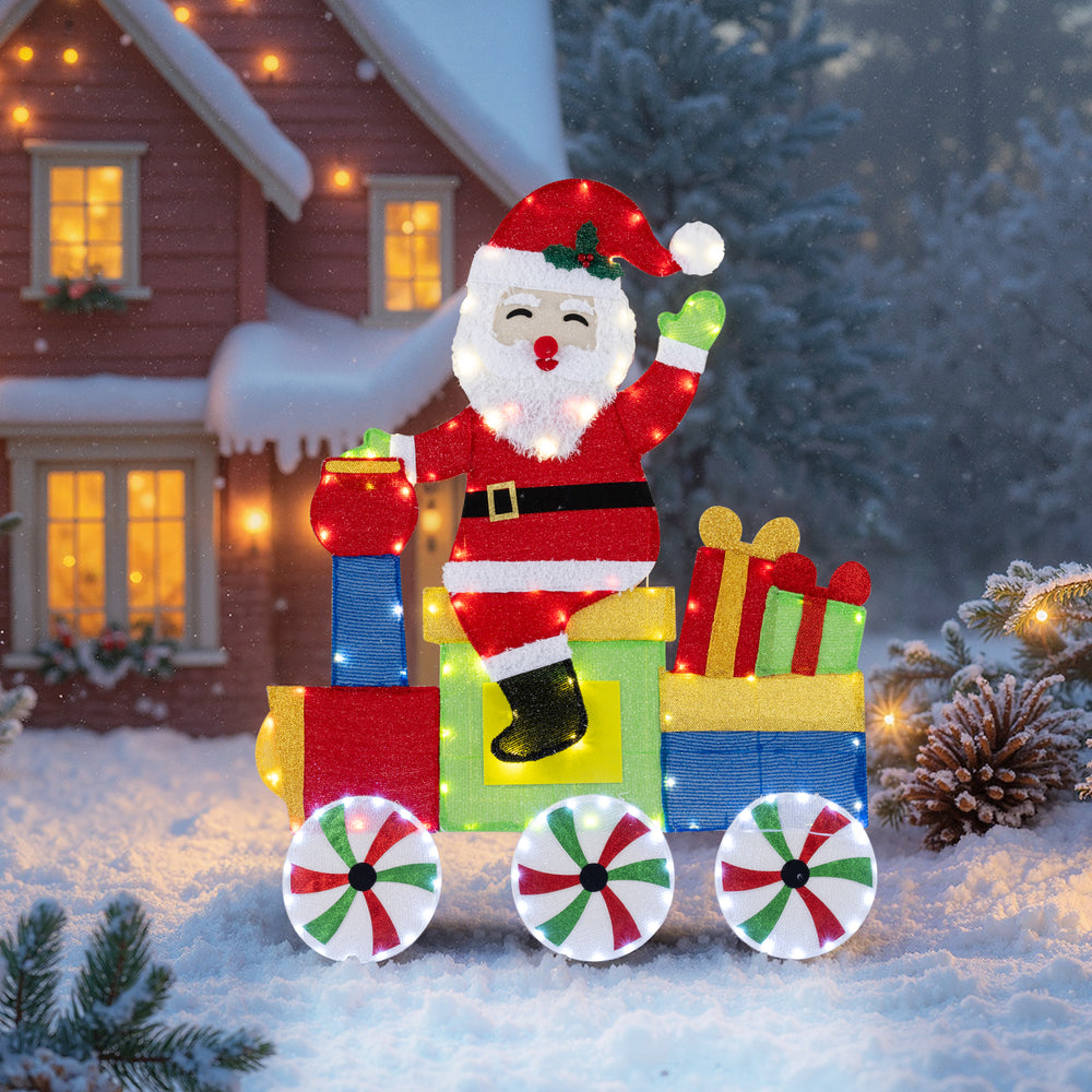 Santa on a colorful train decoration with LED lights and gifts, designed for vibrant holiday displays indoors and.