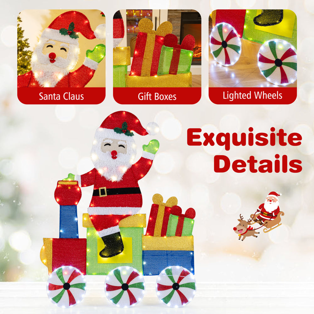 Lighted Santa on train decoration with gift boxes and illuminated wheels, perfect for festive indoor and outdoor.