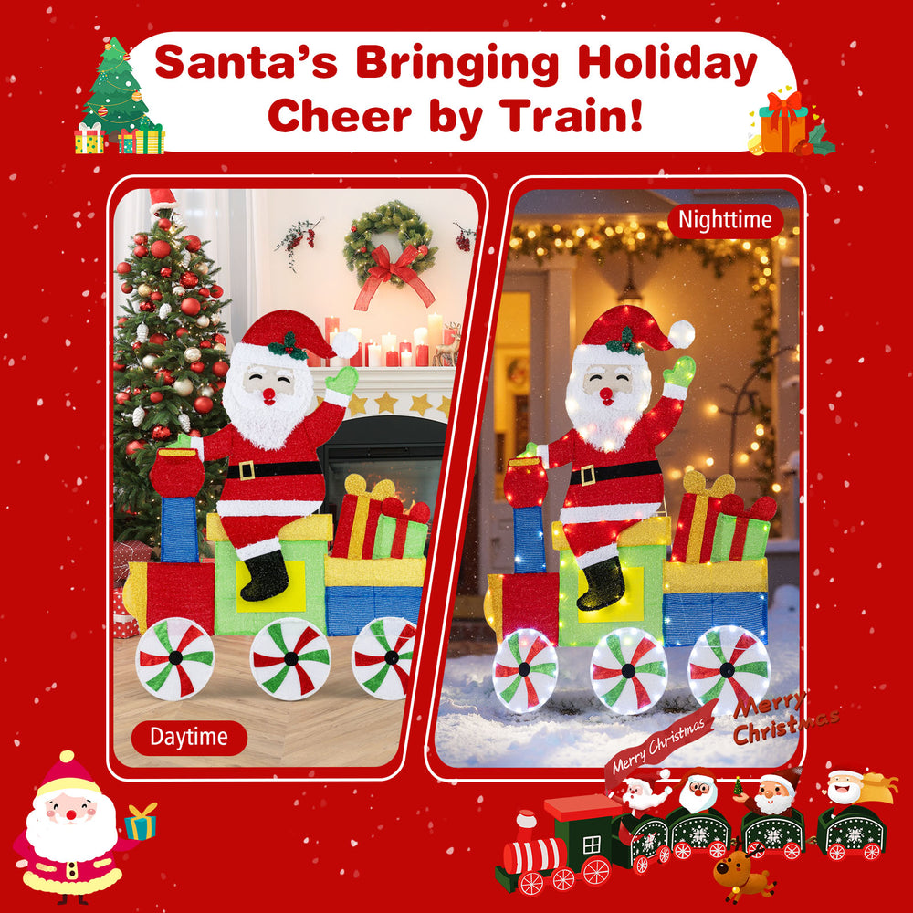 Lighted Santa on train decoration with gift boxes, featuring warm LED lights for festive indoor and outdoor display.