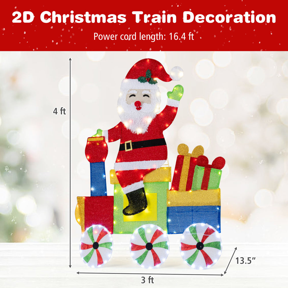 Lighted Santa on a train Christmas decoration with LED lights, featuring gift boxes and stable outdoor design.