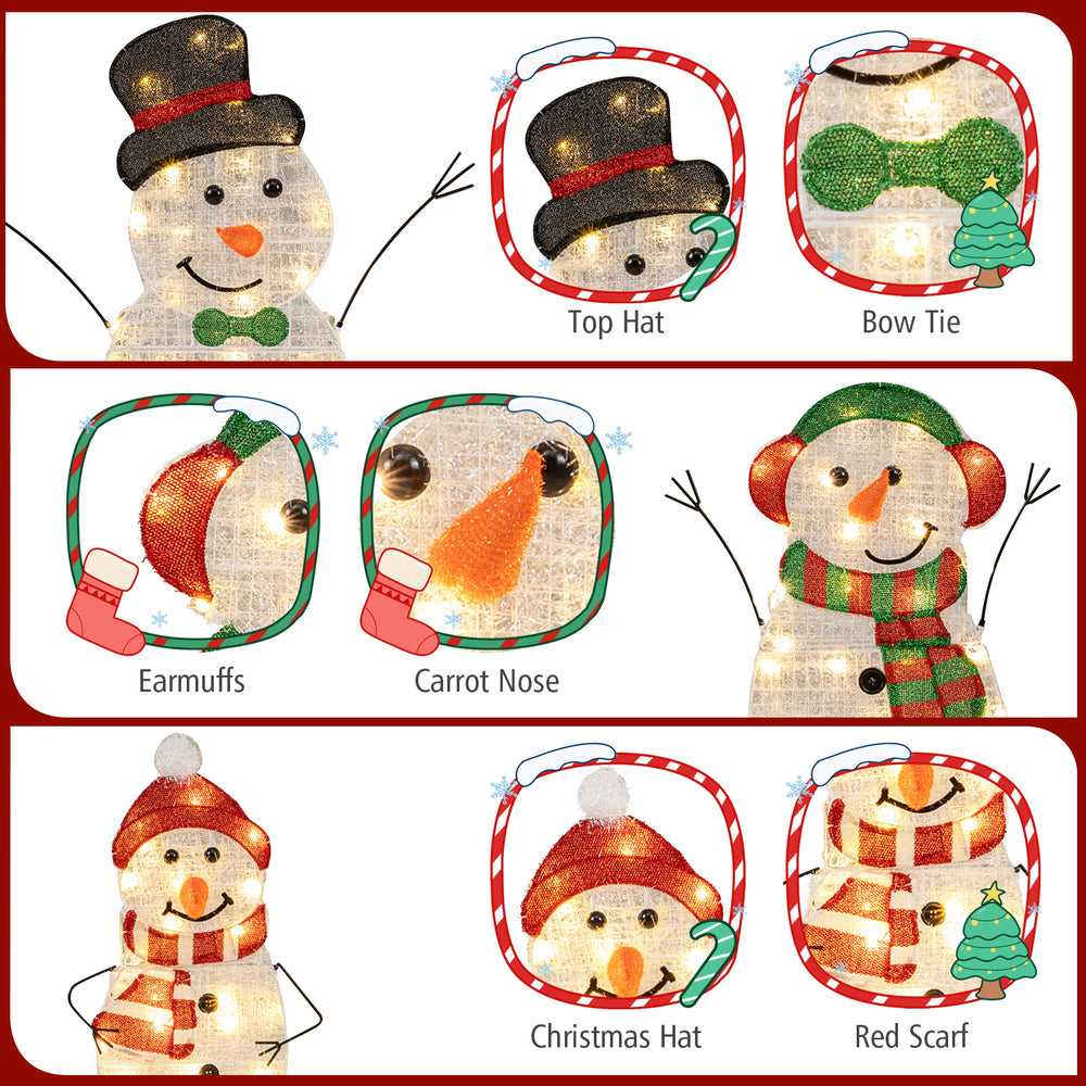 Lighted snowman family decoration set featuring dad with top hat, mom with earmuffs, and baby with Christmas hat and.