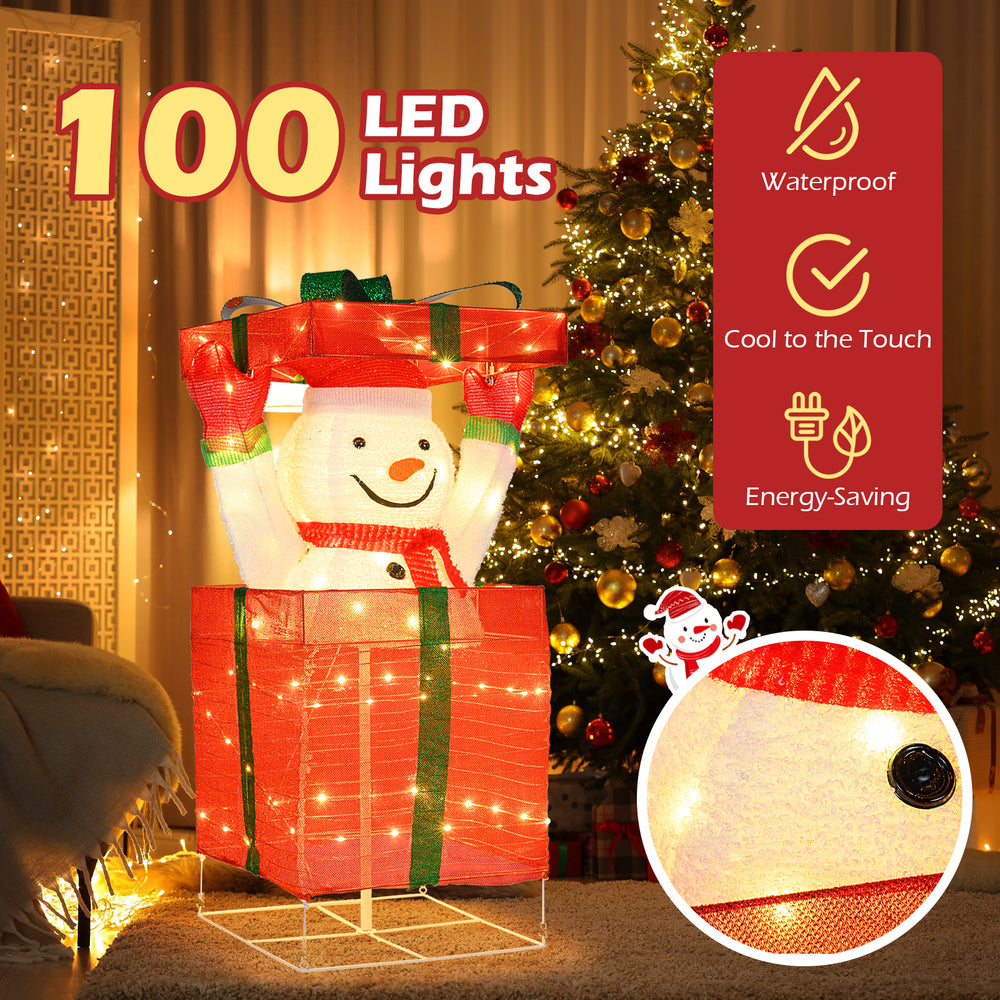 Lighted snowman in a gift box with 100 LED lights, waterproof design, perfect for indoor and outdoor Christmas.