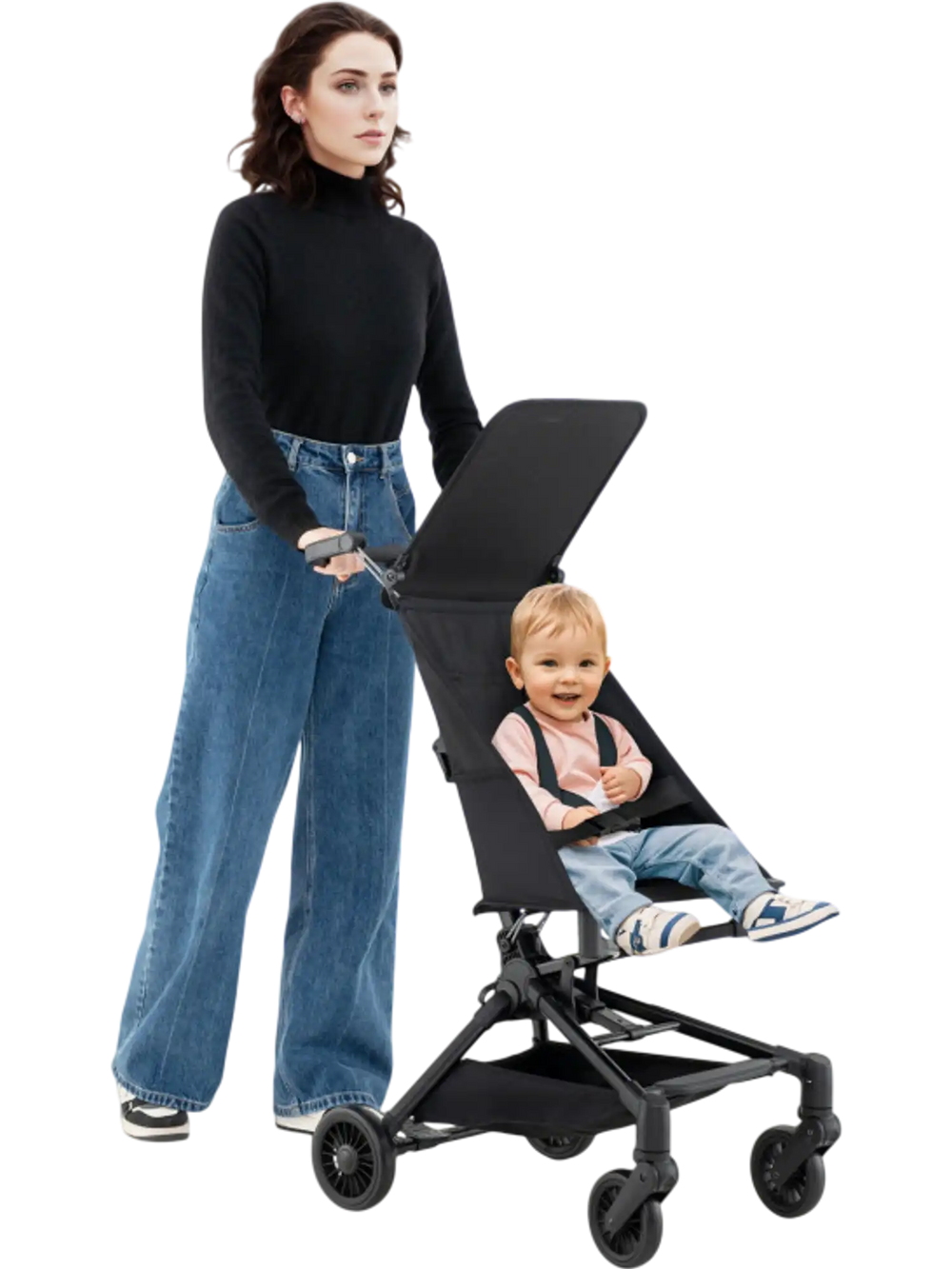 Lightweight airplane-ready stroller with all-terrain wheels, featuring a compact fold and adjustable canopy for optimal.