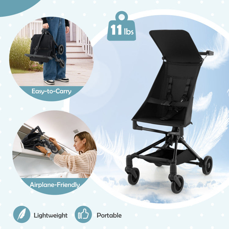 Lightweight airplane-ready stroller with all-terrain wheels, compact fold, and adjustable canopy for easy travel.