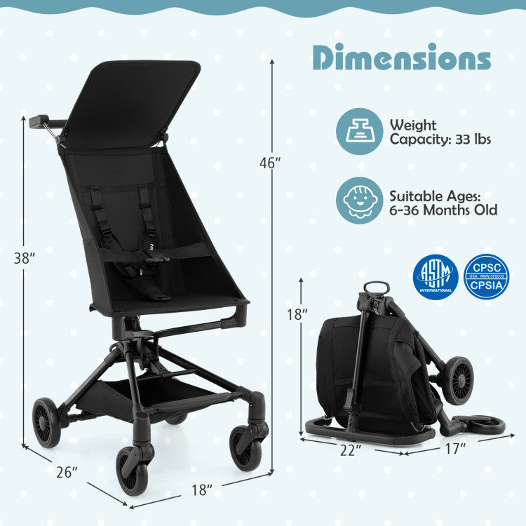 Lightweight airplane-ready stroller with all-terrain wheels, showcasing dimensions of 38" height and 22" width for easy.