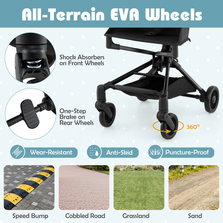 Lightweight airplane-ready stroller with all-terrain EVA wheels, featuring shock absorbers and a one-step brake for.