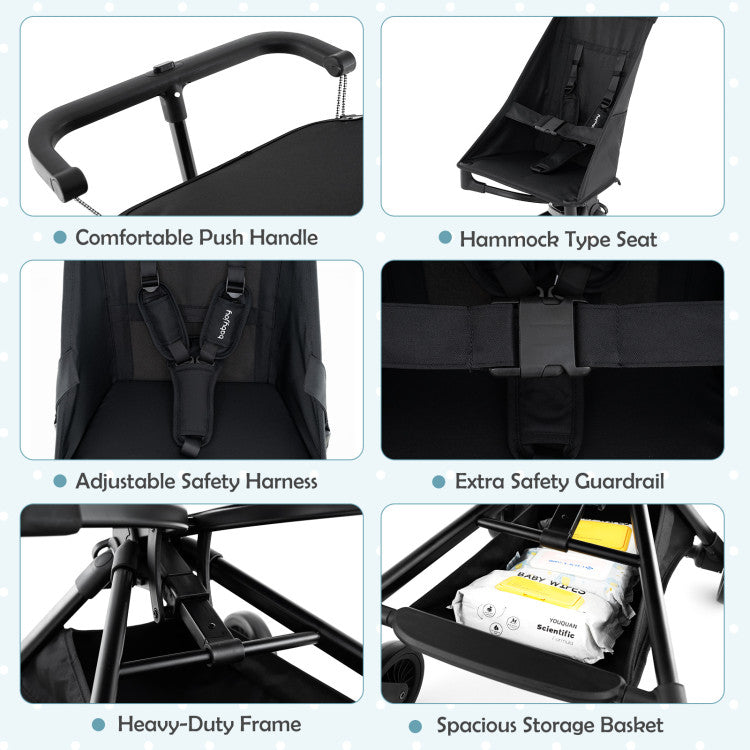 Lightweight airplane-ready stroller featuring a hammock type seat, adjustable safety harness, and spacious storage.