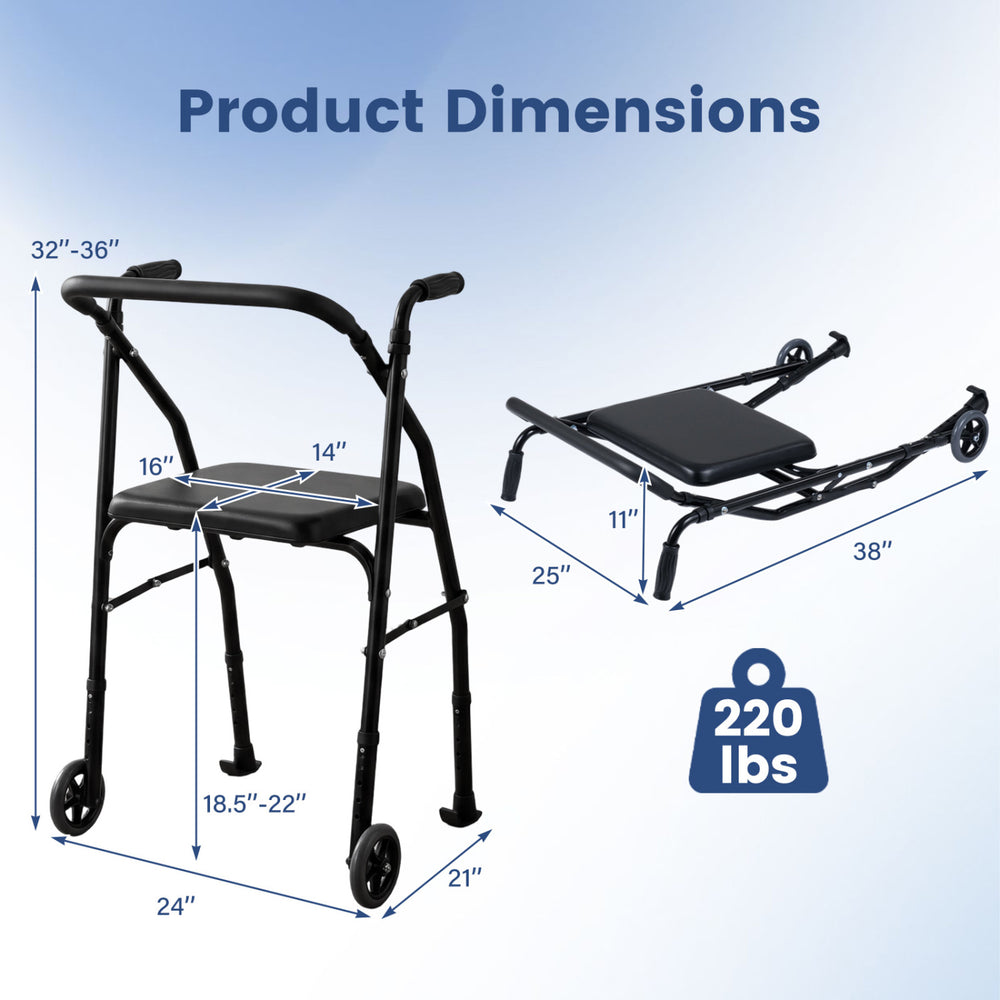 Lightweight aluminum mobility walker with adjustable height, padded seat, and two wheels for seniors' support and.