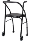 Lightweight aluminum mobility walker featuring a sturdy H-shaped frame, padded seat, and smooth-rolling wheels for.