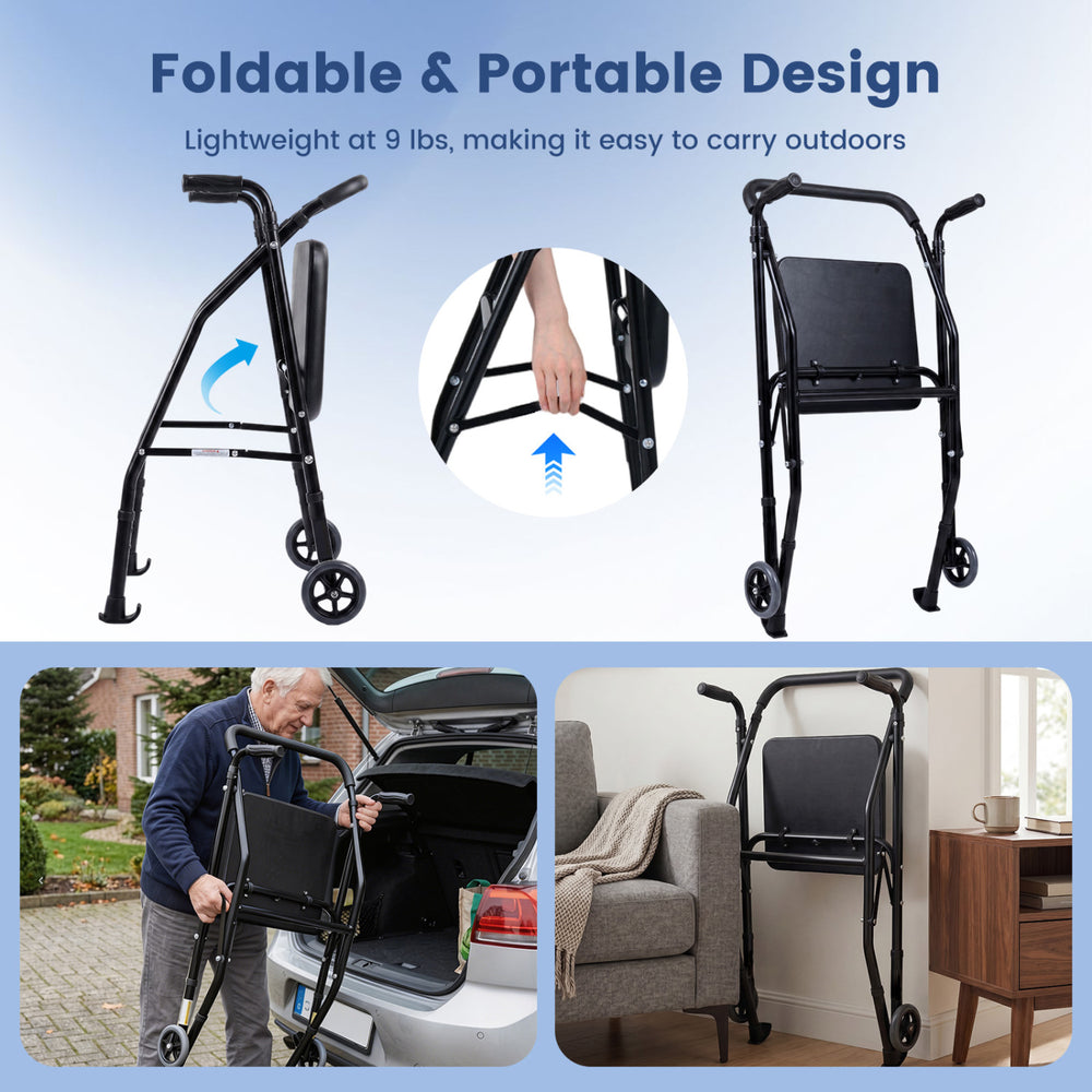 Lightweight aluminum mobility walker with padded seat, foldable design, and 2 wheels for easy outdoor transport.