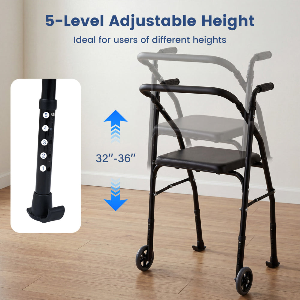 Lightweight aluminum mobility walker with padded seat, 5-level adjustable height, and smooth-rolling wheels for seniors.