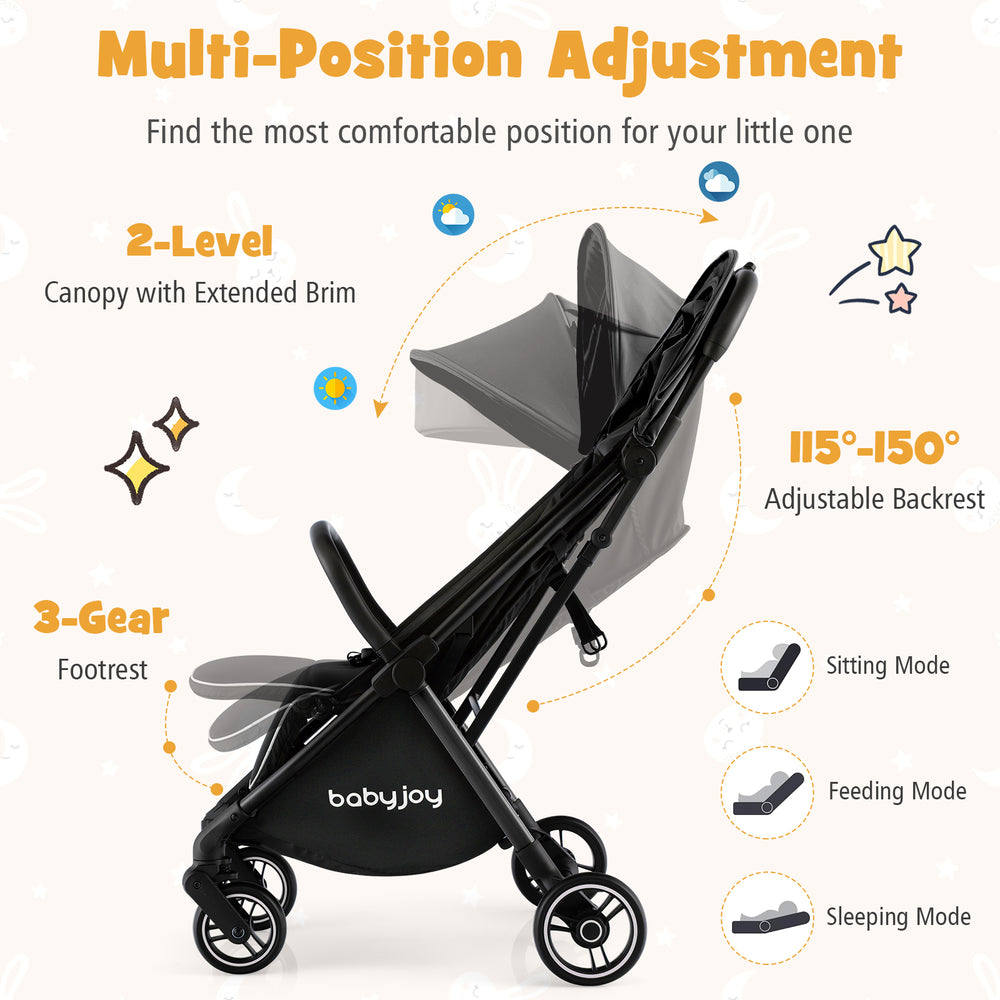 Lightweight baby stroller with adjustable backrest, 2-level canopy, and compact design for easy travel and storage.