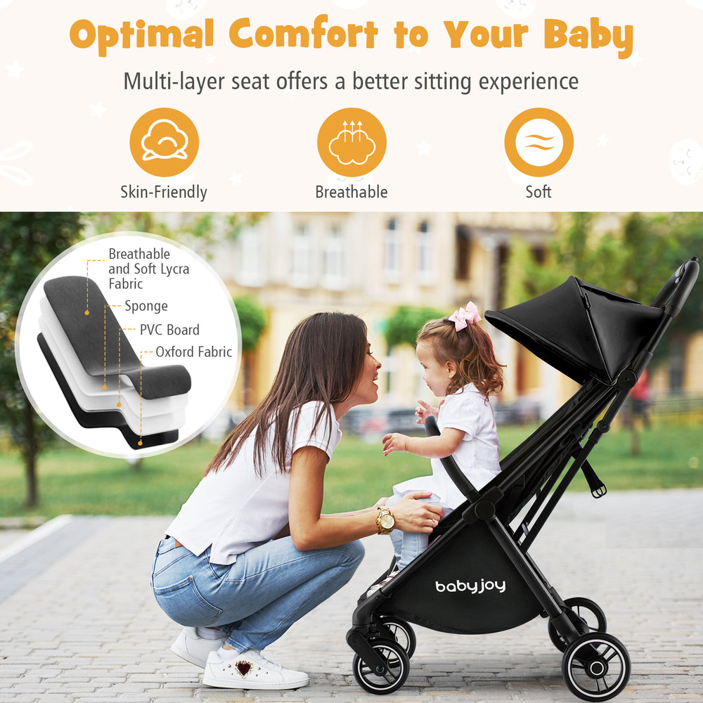 Lightweight baby stroller with adjustable backrest, compact design, and breathable fabric, ideal for travel and napping.