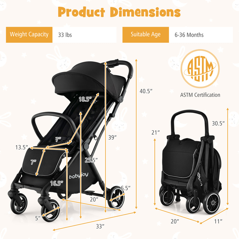 Product dimensions of a lightweight baby stroller, showcasing weight capacity and suitable age for travel convenience.