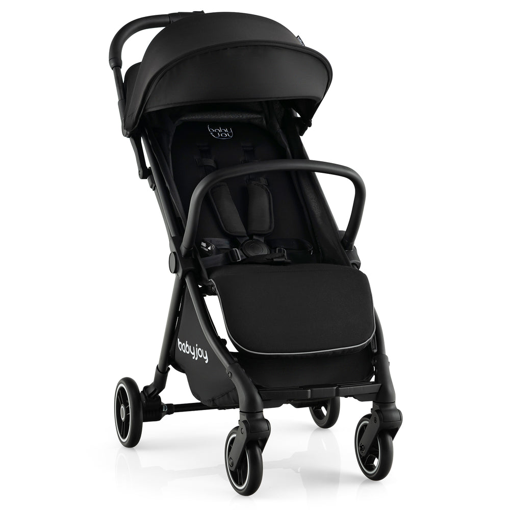 Lightweight baby stroller with adjustable backrest, compact design, and 5-point safety harness for travel convenience.