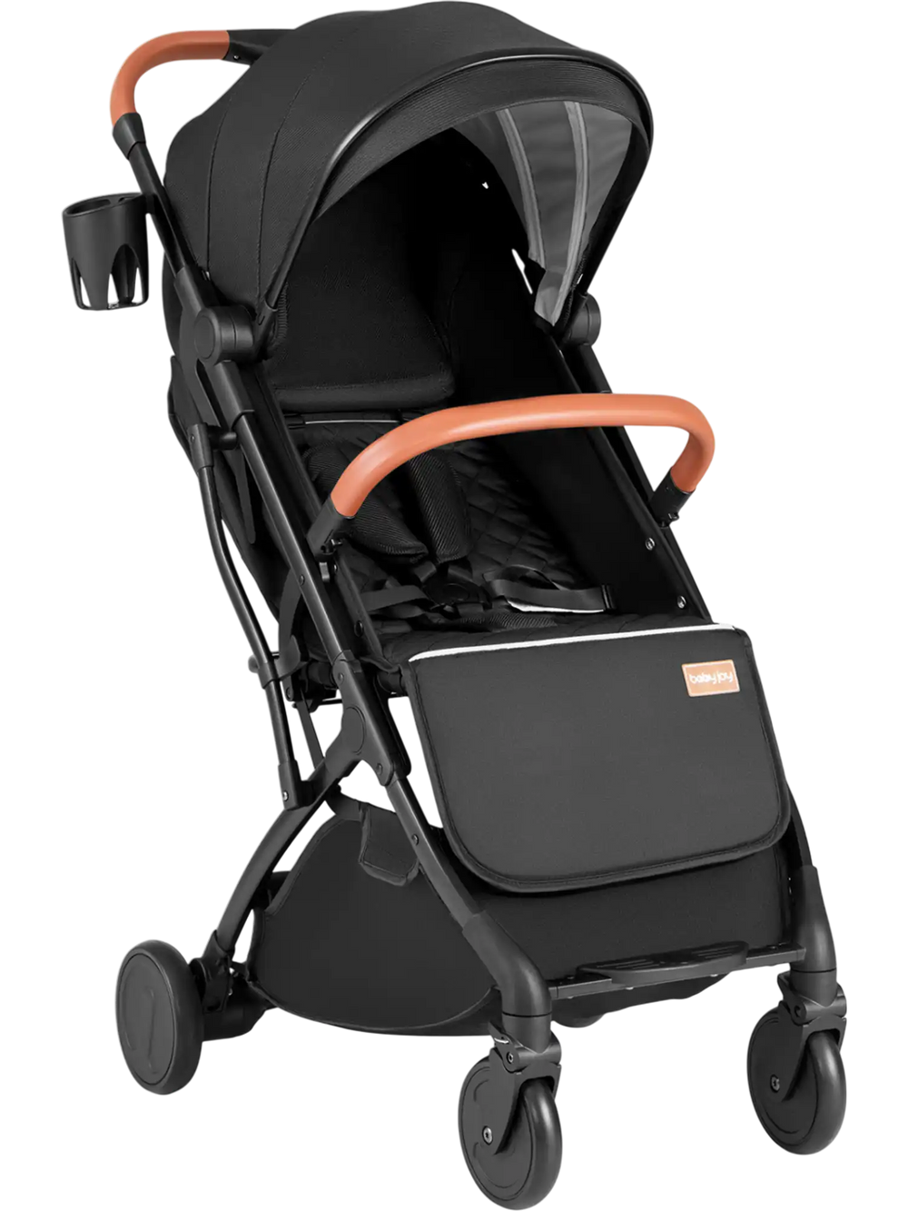 Lightweight black baby stroller with adjustable canopy, one-hand folding design, and peek-a-boo window for easy travel.