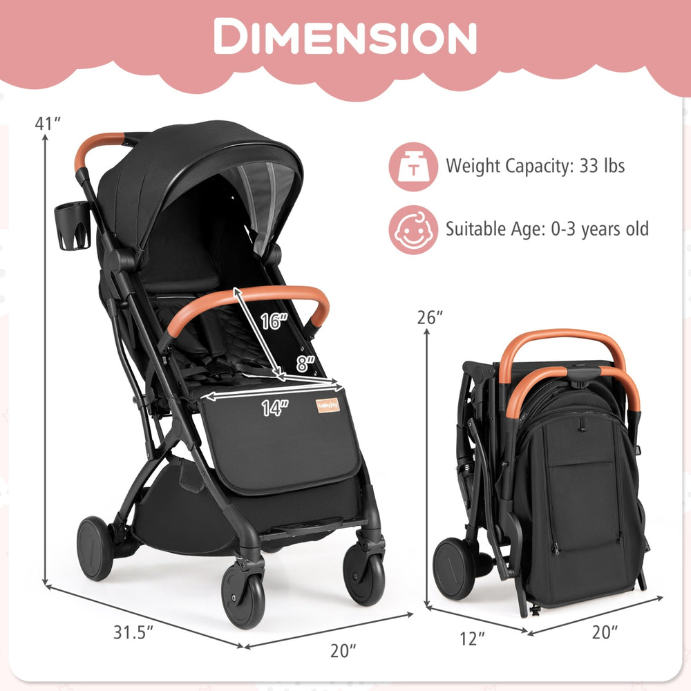 Lightweight black baby stroller with adjustable canopy, one-hand folding design, and compact dimensions for easy.