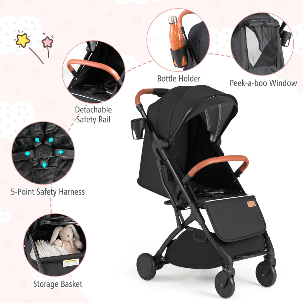 Lightweight black baby stroller with adjustable canopy, 5-point harness, and convenient bottle holder for easy travel.