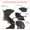 Adjustable backrest and extendable canopy of the lightweight black baby stroller for customized comfort and convenience.