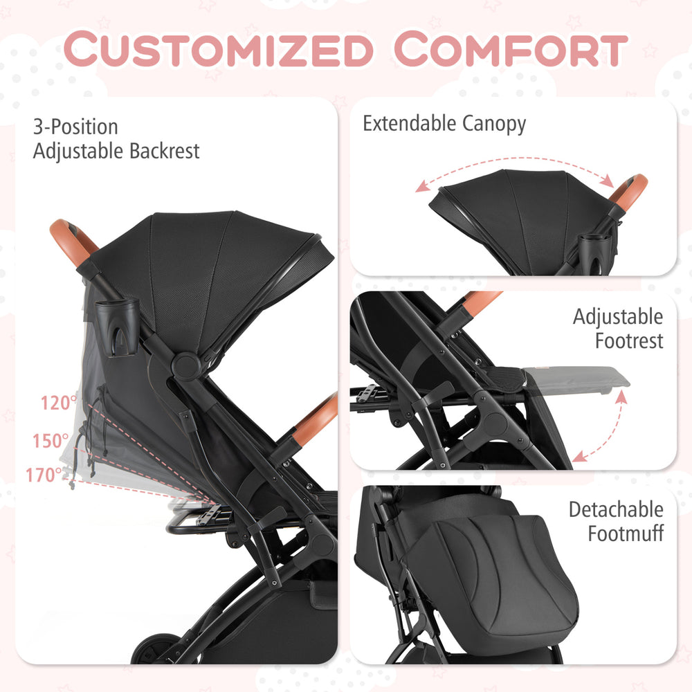 Adjustable backrest and extendable canopy of the lightweight black baby stroller for customized comfort and convenience.