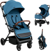 Lightweight blue baby stroller features one-hand folding, adjustable canopy, and multi-position backrest for toddler comfort.
