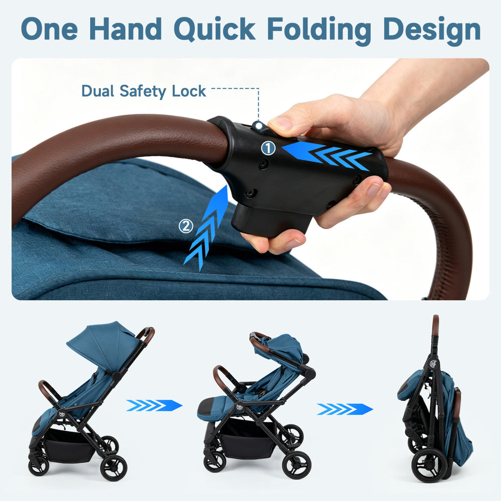 Lightweight baby stroller in blue features one-hand folding, adjustable canopy, and multi-position backrest for toddlers.
