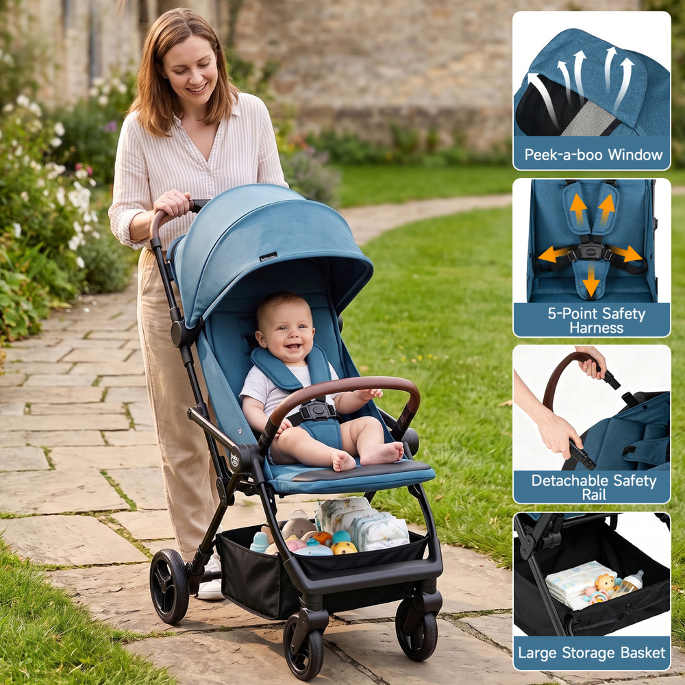 Lightweight blue baby stroller features a 5-point safety harness, adjustable canopy, and large storage basket for convenience.