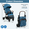 Lightweight blue baby stroller features one-hand folding, adjustable canopy, and multi-position backrest for toddlers.
