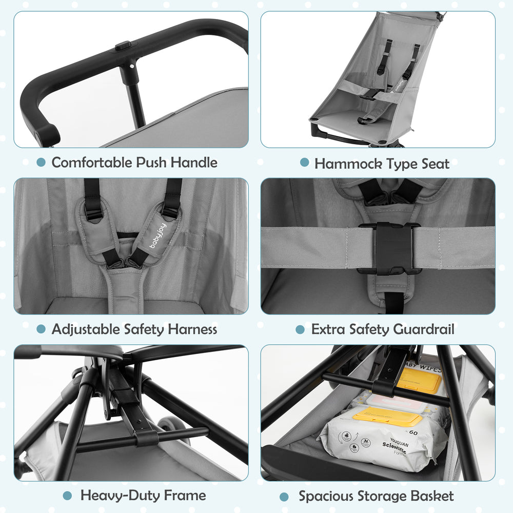 Lightweight baby stroller in gray featuring a hammock type seat, adjustable safety harness, and spacious storage basket.