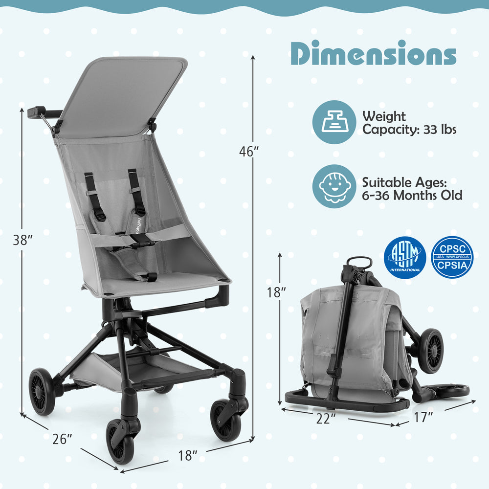 Lightweight gray baby stroller with adjustable canopy, compact folding design, and safety harness for travel.