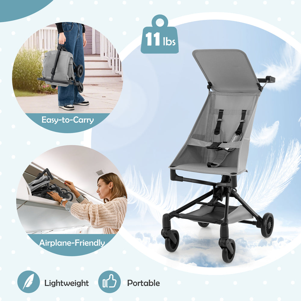 Compact gray baby stroller with adjustable canopy, lightweight design, and easy folding for travel convenience.