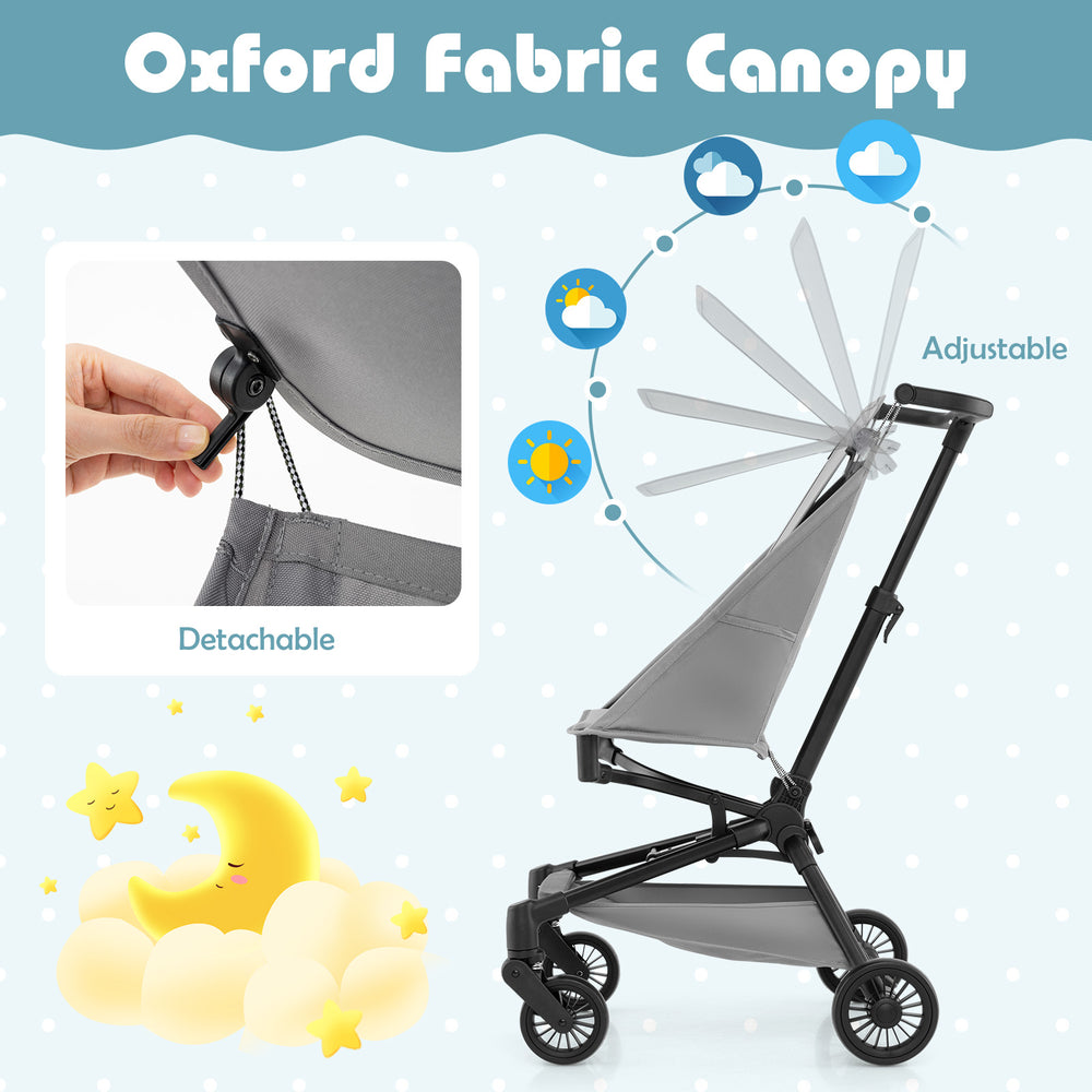 Adjustable gray oxford fabric canopy of a lightweight baby stroller, designed for optimal shade and airplane-friendly.