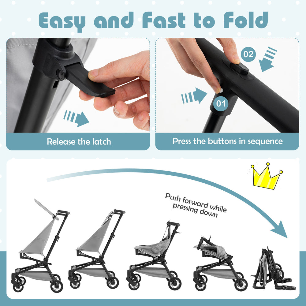 Lightweight gray baby stroller demonstrating easy folding mechanism, ideal for travel and compact storage.