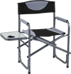 Lightweight folding camping chair in black with side table and cup holder, designed for comfort and portability.