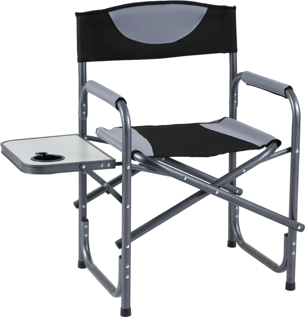 Lightweight folding camping chair in black with side table and cup holder, designed for comfort and portability.