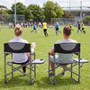 Lightweight folding camping chair in black with side table, ideal for sports events and outdoor activities.
