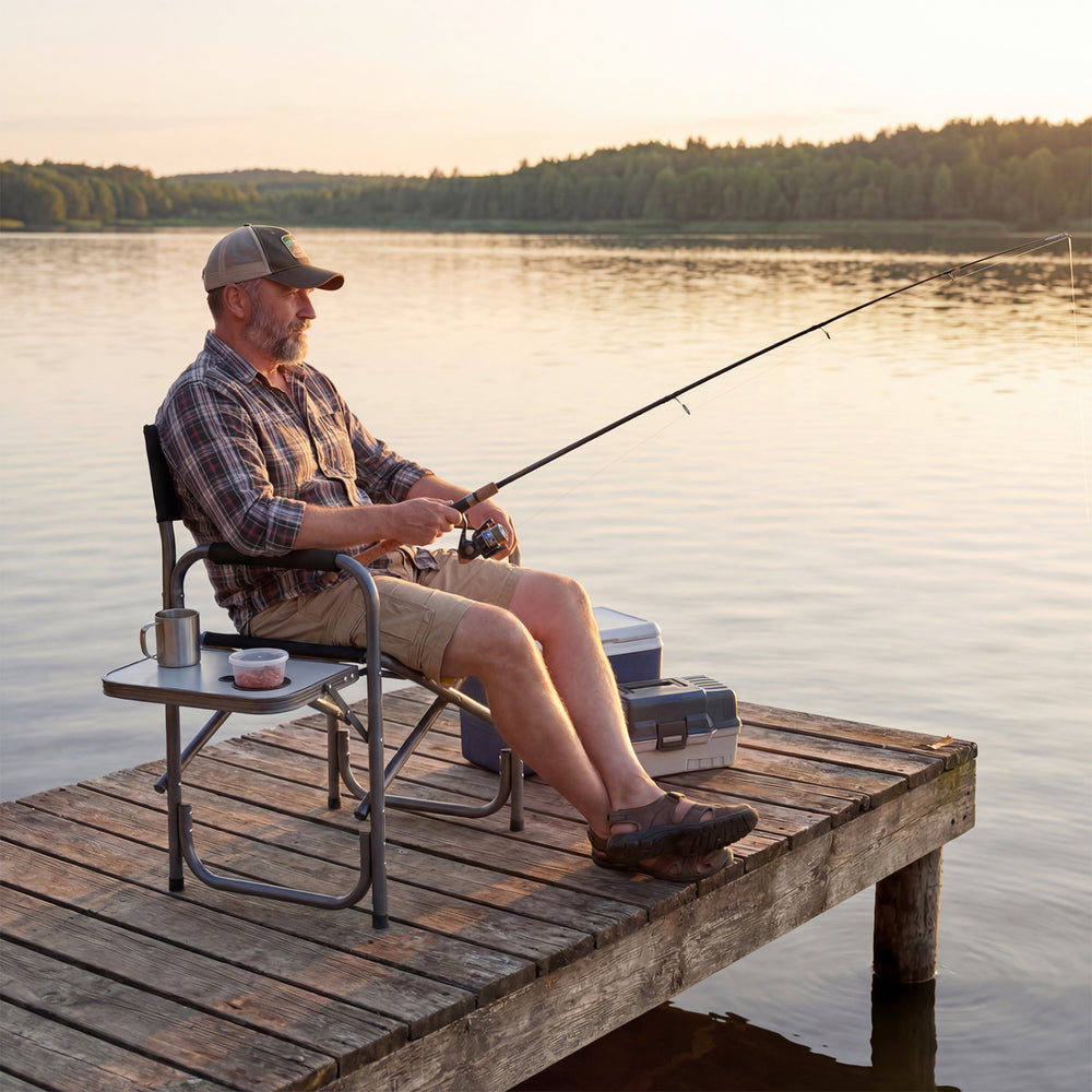 Lightweight folding camping chair with side table, black, ideal for fishing and outdoor activities, supports up to 400.
