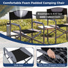 Lightweight folding camping chair with side table, black, featuring soft foam armrests and durable 600D Oxford fabric.