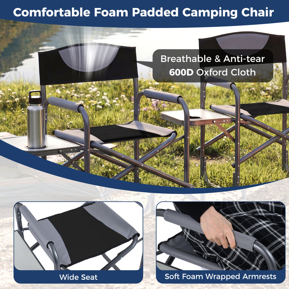 Lightweight folding camping chair with side table, black, featuring soft foam armrests and durable 600D Oxford fabric.